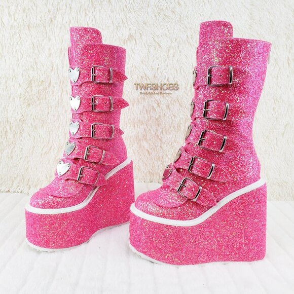 Swing Pink Cyber Punk Platform Glitter Heart Plate Boots - Picture 9 of 15